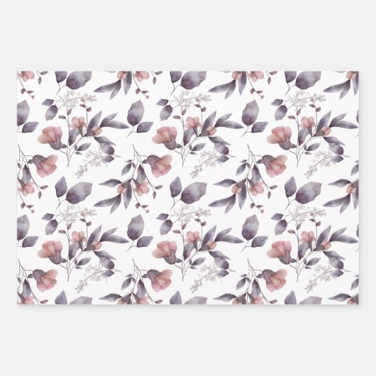 Mauve, Dusty Paars, Blush Pink Flowers Leaves Inpakpapier Vel (Voorkant 3)