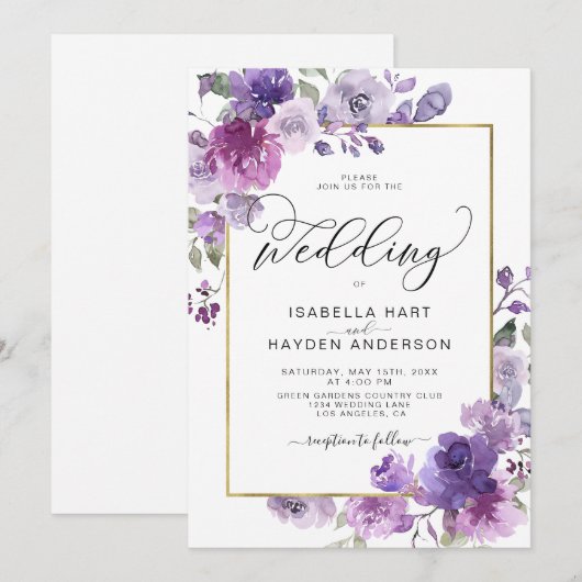 Mauve Dusty Paars Lila Floral Gold Foil Wedding Kaart (Voorkant / Achterkant)