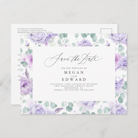Mauve Dusty Paarse Bloemen Bewaar de datum Aankondigingskaart (Voorkant / Achterkant)