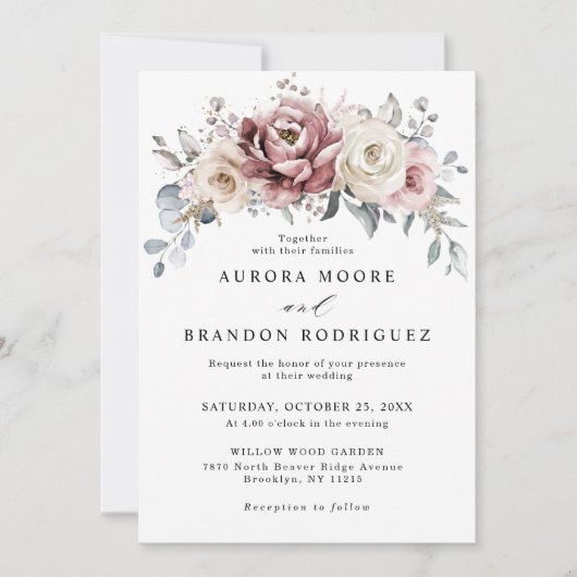 Mauve Dusty Roos Khaki Floral Wedding Invitation Kaart (Voorkant)