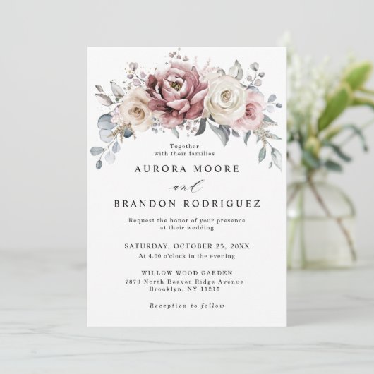 Mauve Dusty Roos Khaki Floral Wedding Invitation Kaart (Staand voorkant)