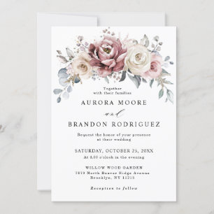 Mauve Dusty Roos Khaki Floral Wedding Invitation Kaart