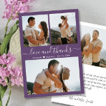 Mauve Elegant Bedankt Script Fotocollage Bruiloft<br><div class="desc">Elegante Elegante Minimalistische Hand Lettered Wedding 3 Fotocollage Dank u kaart in Mauve Paarse kleur. Stijlvolle bruiloft dank u kaart sjabloon met drie foto op de voorkant en een foto op de achterkant. Met de tekst "Liefde en bedankt" in een cursief handgeschreven kalligrafie of typografie script in witte kleur op...</div>