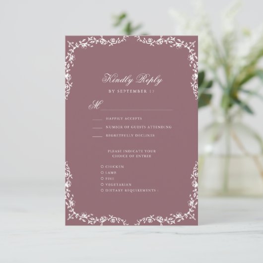 Mauve Elegant  Bloemen Bruiloft RSVP Kaartje (Staand voorkant)
