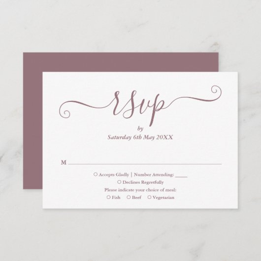 Mauve Elegant Bruiloftschrift RSVP Kaartje (Voorkant / Achterkant)