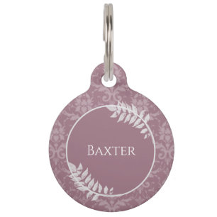 Mauve Elegant Damask Round Pet Tag Huisdierpenning