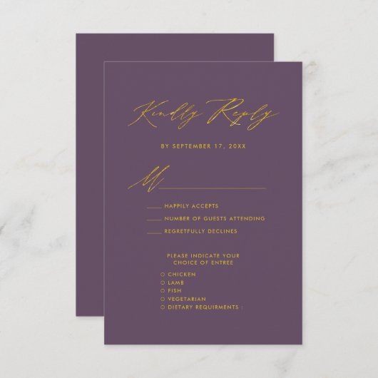 Mauve Elegant Goud Script Minimalistische Bruiloft Informatiekaartje (Voorkant / Achterkant)