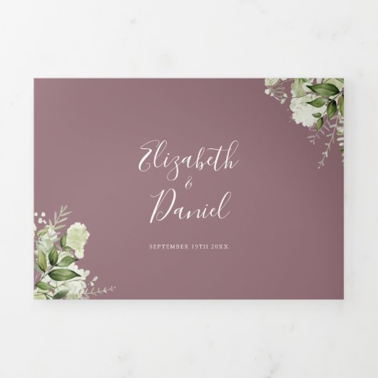 Mauve Elegant groen Bloemen Foto Bruiloft Drieluik Uitnodiging (Cover)