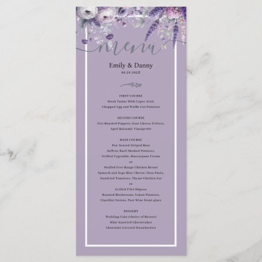 Mauve Elegant Lavendel Botanische bruiloft Menu (Voorkant)
