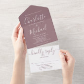 Mauve Elegant Modern Script Minimalistische bruilo All In One Uitnodiging (Afscheurbaar)