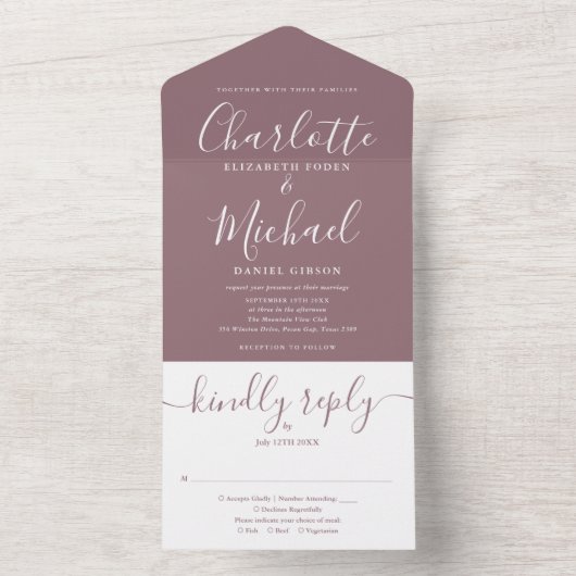 Mauve Elegant Modern Script Minimalistische bruilo All In One Uitnodiging (Binnen)