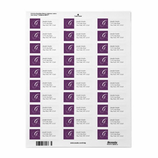 Mauve Elegant Monogram G Retouradres Labels (Full Sheet)