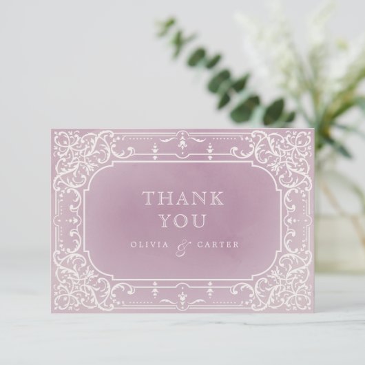 Mauve elegant romantic vintage bruiloft bedankt (Staand voorkant)