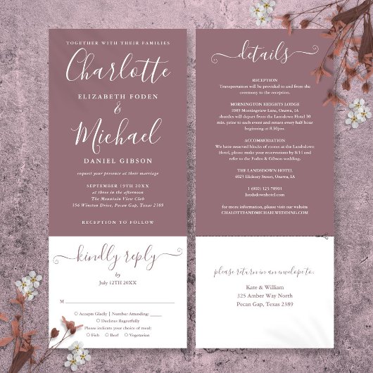 Mauve Elegant Script All In One Trouwfeest Kaart