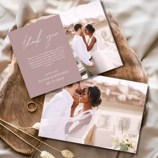Mauve Elegant Script Foto bruiloft Dank u kaart