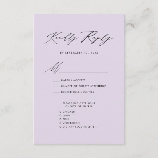 Mauve Elegant Script Minimalistisch Bruiloft RSVP Informatiekaartje (Voorkant)