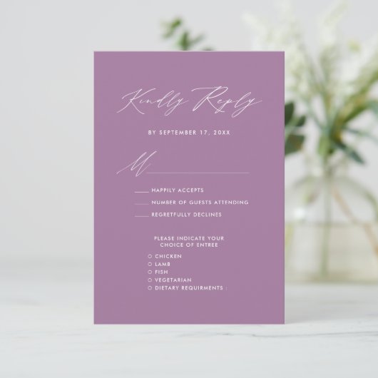 Mauve Elegant Script Minimalistisch Chic Wedding R RSVP Kaartje (Staand voorkant)