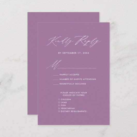 Mauve Elegant Script Minimalistisch Chic Wedding R RSVP Kaartje (Voorkant / Achterkant)