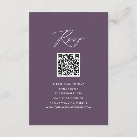 Mauve Elegant Script minimalistisch QR bruiloft RS Informatiekaartje (Voorkant)