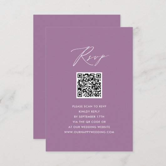 Mauve Elegant Script minimalistisch QR bruiloft RS Informatiekaartje (Voorkant / Achterkant)