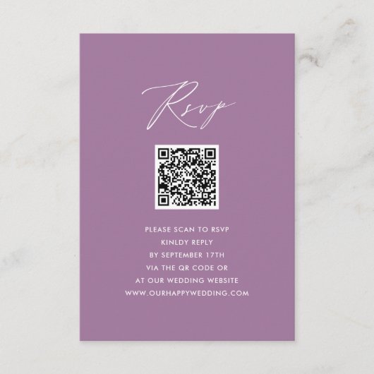 Mauve Elegant Script minimalistisch QR bruiloft RS Informatiekaartje (Voorkant)