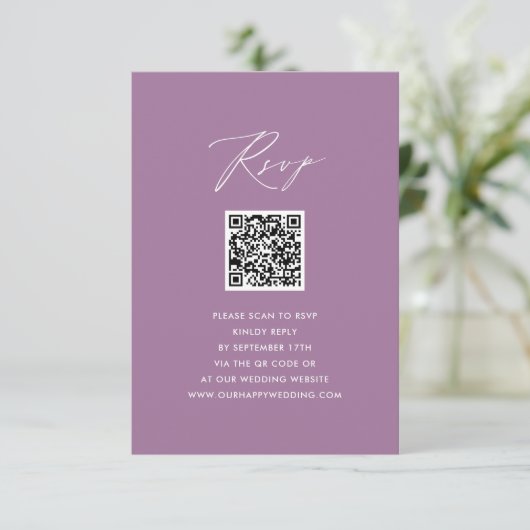 Mauve Elegant Script minimalistisch QR bruiloft RS Informatiekaartje (Staand voorkant)