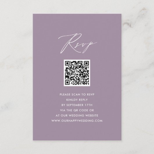Mauve Elegant Script minimalistisch QR bruiloft RS Informatiekaartje (Voorkant)