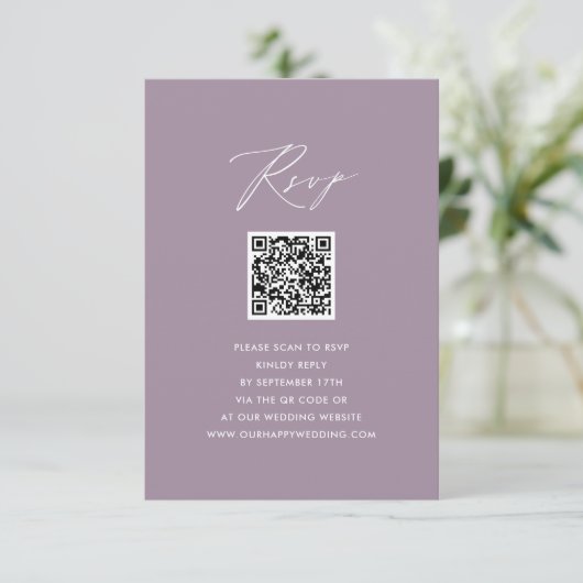 Mauve Elegant Script minimalistisch QR bruiloft RS Informatiekaartje (Staand voorkant)