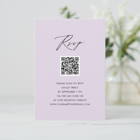 Mauve Elegant Script minimalistisch QR bruiloft RS Informatiekaartje (Staand voorkant)