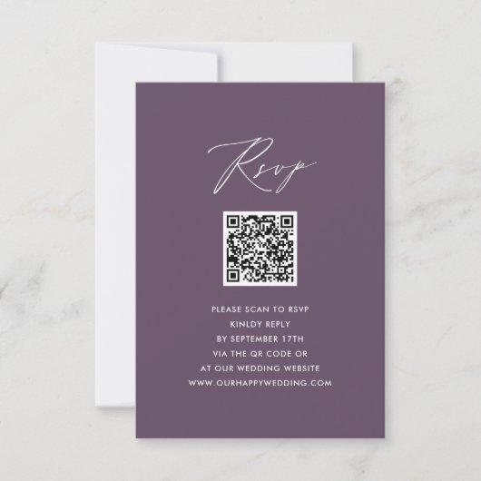 Mauve Elegant Script minimalistisch QR bruiloft RS RSVP Kaartje (Voorkant)
