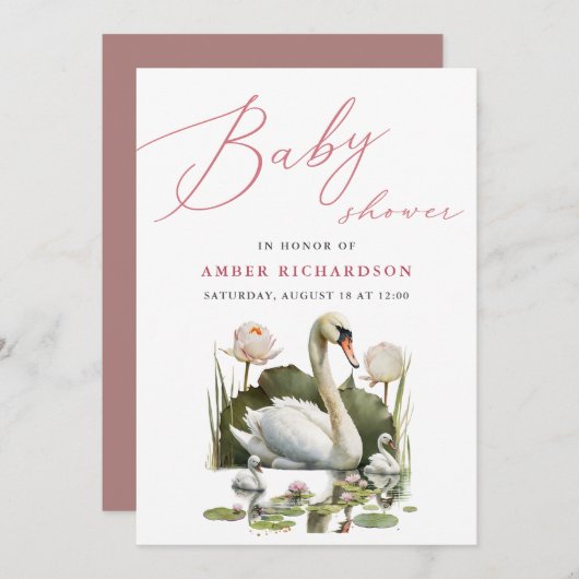 Mauve Elegant Script minimalistisch zwaan Baby sho Kaart (Voorkant / Achterkant)