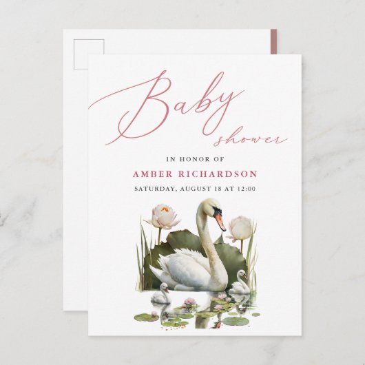 Mauve Elegant Script minimalistisch zwaan Baby sho Uitnodiging Briefkaart (Voorkant / Achterkant)