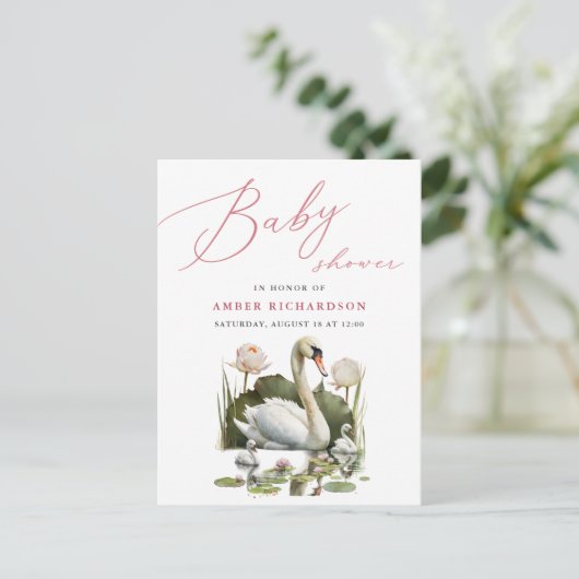 Mauve Elegant Script minimalistisch zwaan Baby sho Uitnodiging Briefkaart (Staand voorkant)