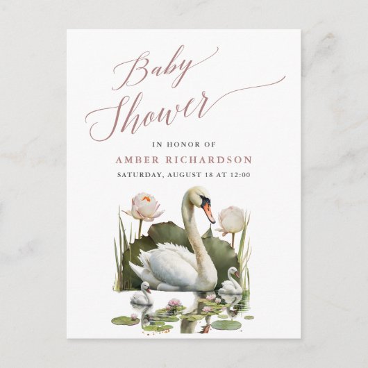 Mauve Elegant Script minimalistisch zwaan Baby sho Uitnodiging Briefkaart (Voorkant)