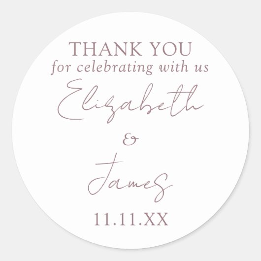 Mauve Elegant Script Wedding Dank u Ronde Sticker (Voorkant)