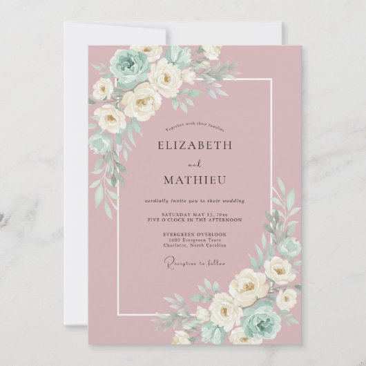 Mauve Elegante Botanische Bloemige Bruiloft Kaart (Voorkant)