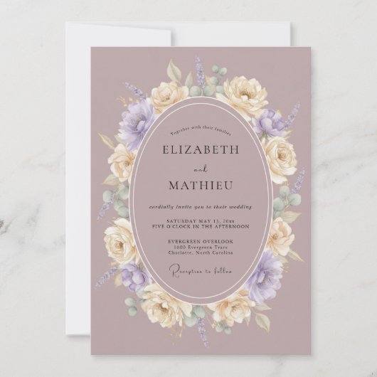 Mauve Elegante Botanische Bruiloft Kaart (Voorkant)