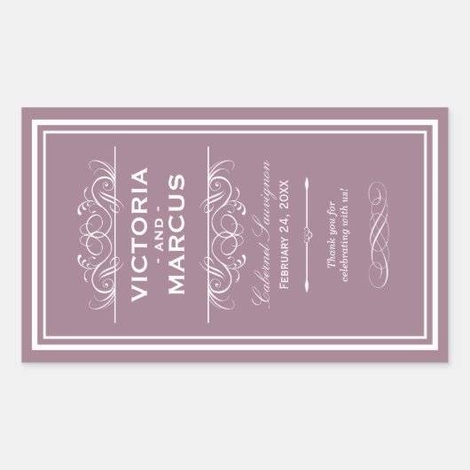 Mauve Elegante Bruiloft Monogram Wijnfles Rechthoekige Sticker (Voorkant)