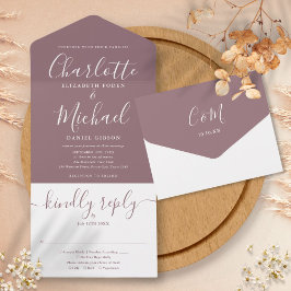 Mauve Elegante Moderne Script Minimalistische Trou All In One Uitnodiging