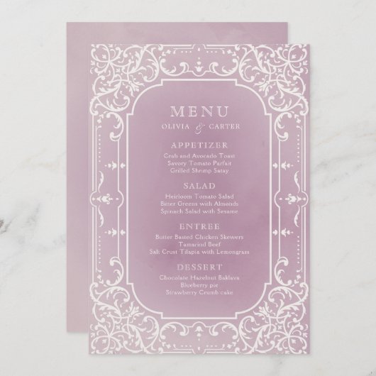 Mauve elegante romantische vintage bruiloft menu (Voorkant / Achterkant)