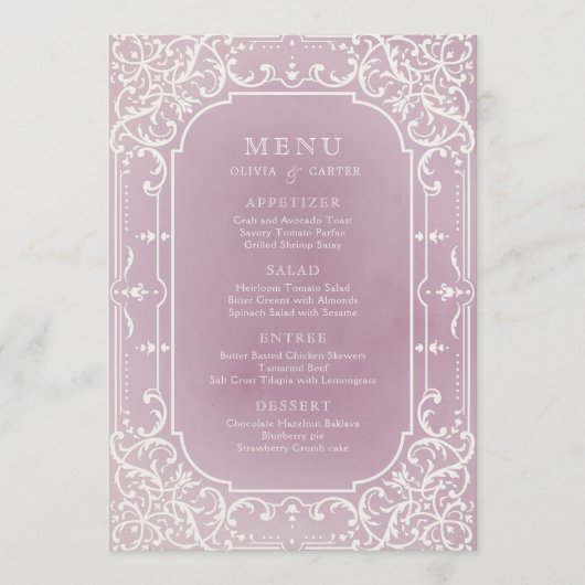 Mauve elegante romantische vintage bruiloft menu (Voorkant)