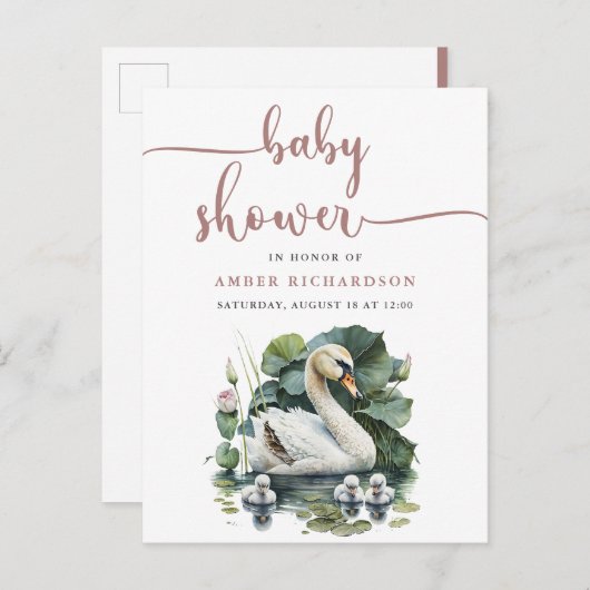 Mauve Elegante Script Minimalistische Zwaan Baby S Uitnodiging Briefkaart (Voorkant / Achterkant)