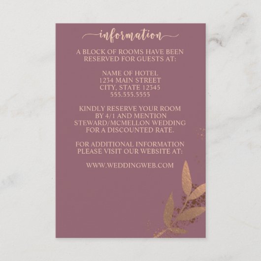 Mauve en Bronzen Herfst Leaf Bruiloft Behuizing Ka Informatiekaartje (Voorkant)