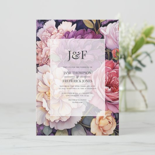 Mauve en Champagne Bloemen bruiloft Monogram Kaart (Staand voorkant)
