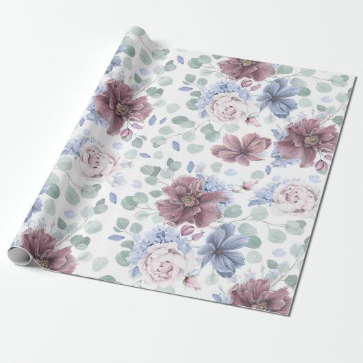 Mauve en Dusty Blue Botanical Floral Elegant Cadeaupapier (Uitgerold)