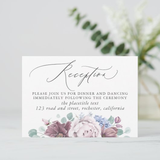 Mauve en Dusty Blue bruiloft receptie Informatiekaartje (Staand voorkant)