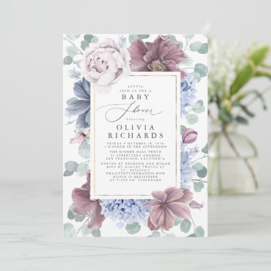 Mauve en Dusty Blue Floral Baby shower Kaart (Staand voorkant)