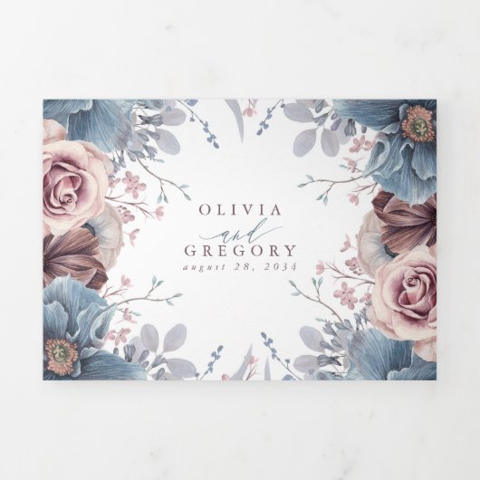 Mauve en Dusty Blue Floral Botanische bruiloft Drieluik Uitnodiging (Cover)