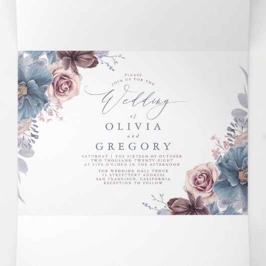Mauve en Dusty Blue Floral Botanische bruiloft Drieluik Uitnodiging (Binnenkant midden)