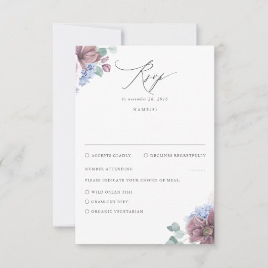 Mauve en Dusty Blue Floral bruiloft RSVP (Voorkant)